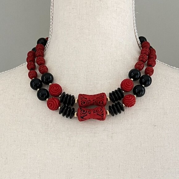 Vintage Chinese Black Red Cinnabar Bead Double Strand Necklace Sterling Clasp - Picture 2 of 8